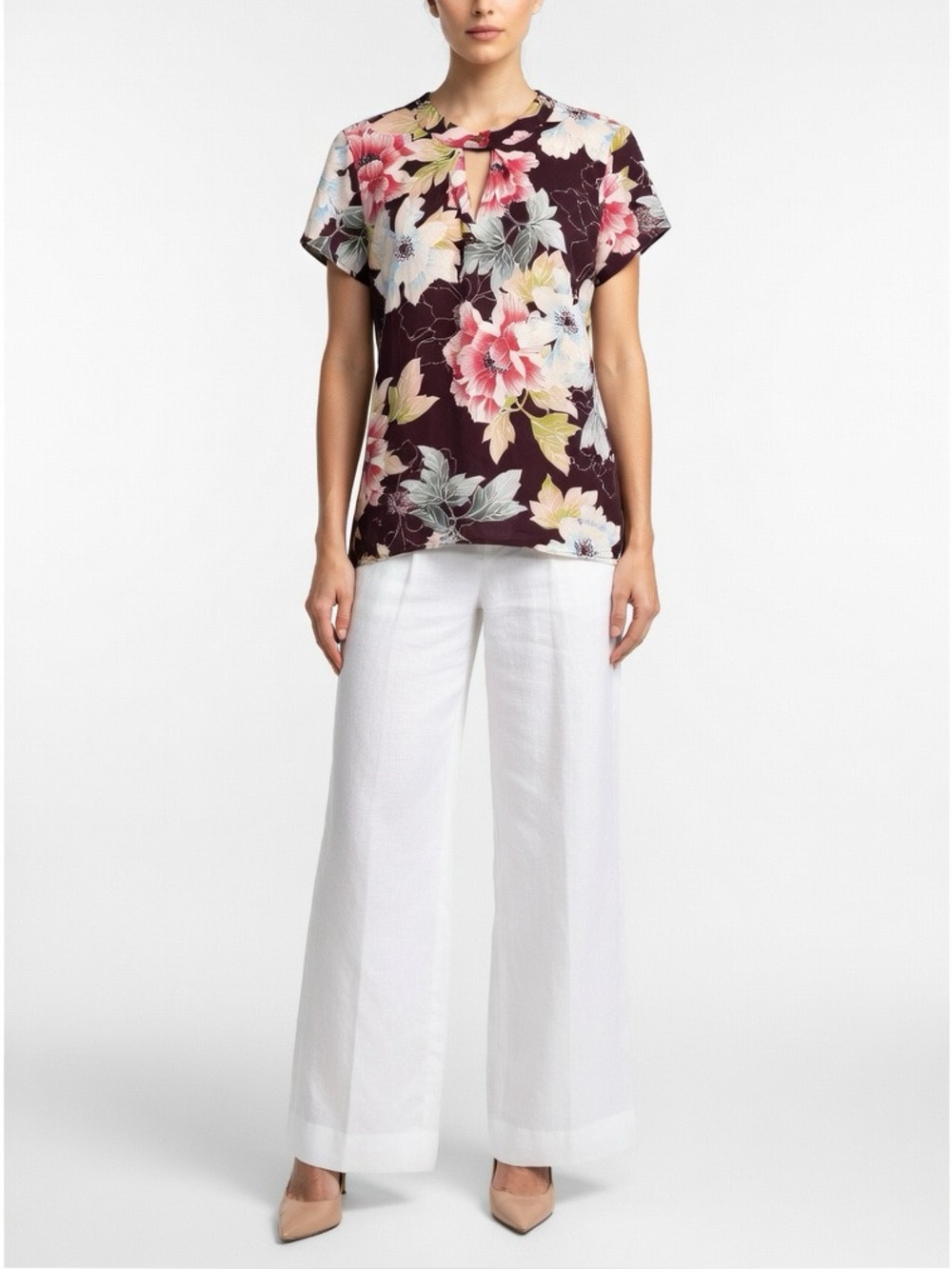 Calvin Klein Keyhole Floral Short Sleeve Blouse -S